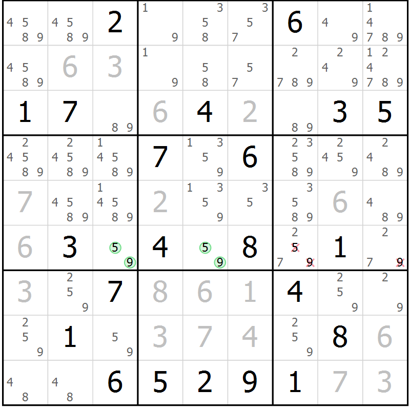 Position des candidats pour la solution de la Gr 15 page 18 du magazine de sudoku Suprême n° 034