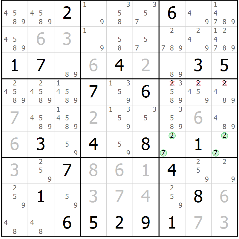 Position des candidats pour la solution de la Gr 15 page 18 du magazine de sudoku Suprême n° 034