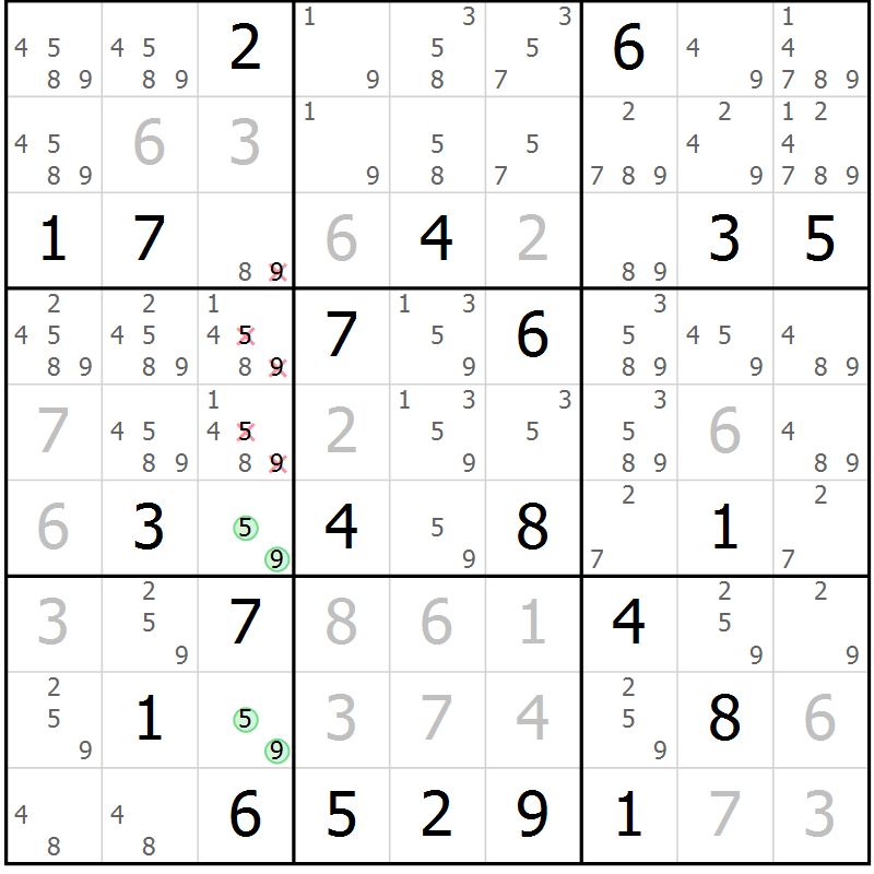Position des candidats pour la solution de la Gr 15 page 18 du magazine de sudoku Suprême n° 034