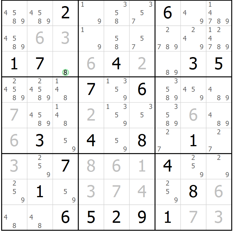 Position des candidats pour la solution de la Gr 15 page 18 du magazine de sudoku Suprême n° 034