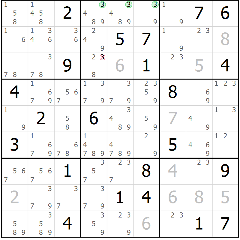 Position des candidats pour la solution de la Gr 16 page 19 du magazine de sudoku Suprême n° 034