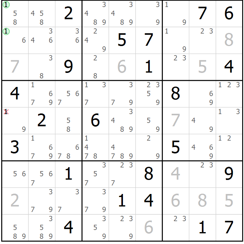 Position des candidats pour la solution de la Gr 16 page 19 du magazine de sudoku Suprême n° 034
