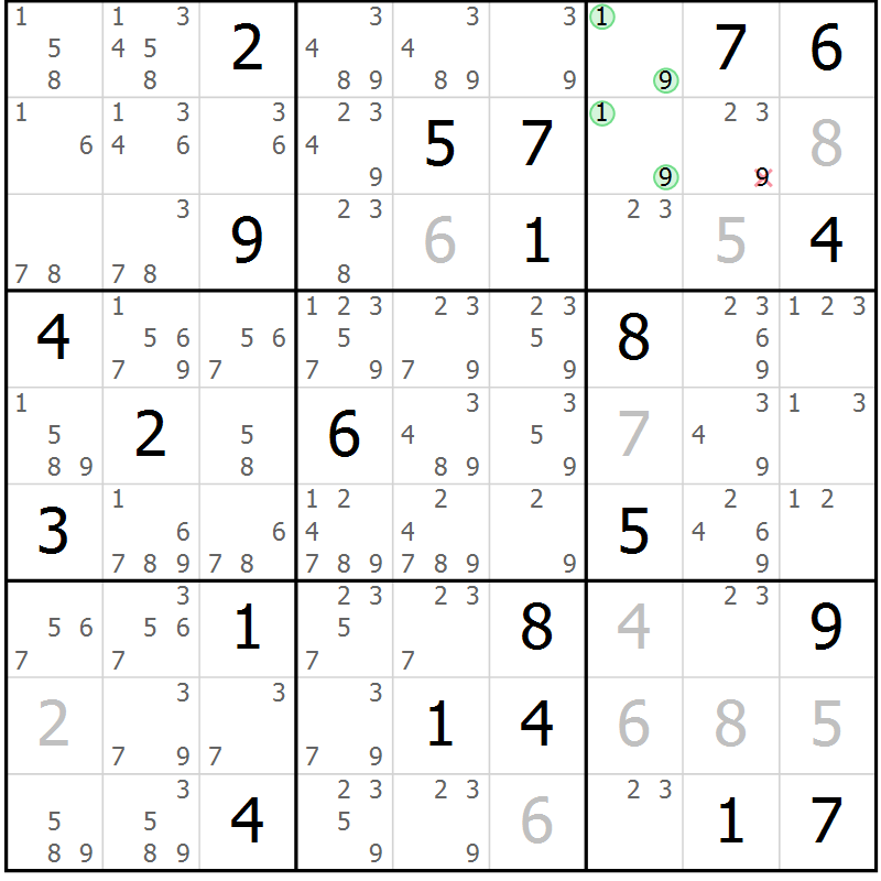 Position des candidats pour la solution de la Gr 16 page 19 du magazine de sudoku Suprême n° 034