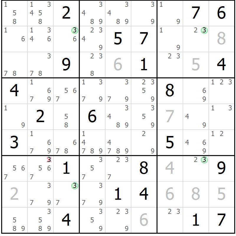 Position des candidats pour la solution de la Gr 16 page 19 du magazine de sudoku Suprême n° 034
