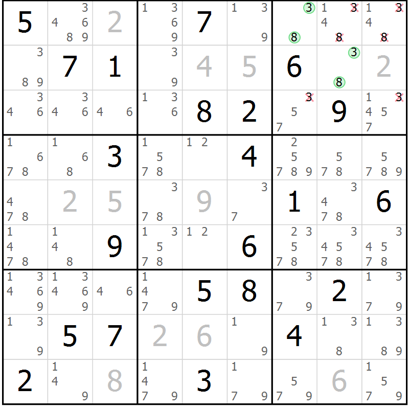 Position des candidats pour la solution de la Gr 17 page 20 du magazine de sudoku Suprême n° 034
