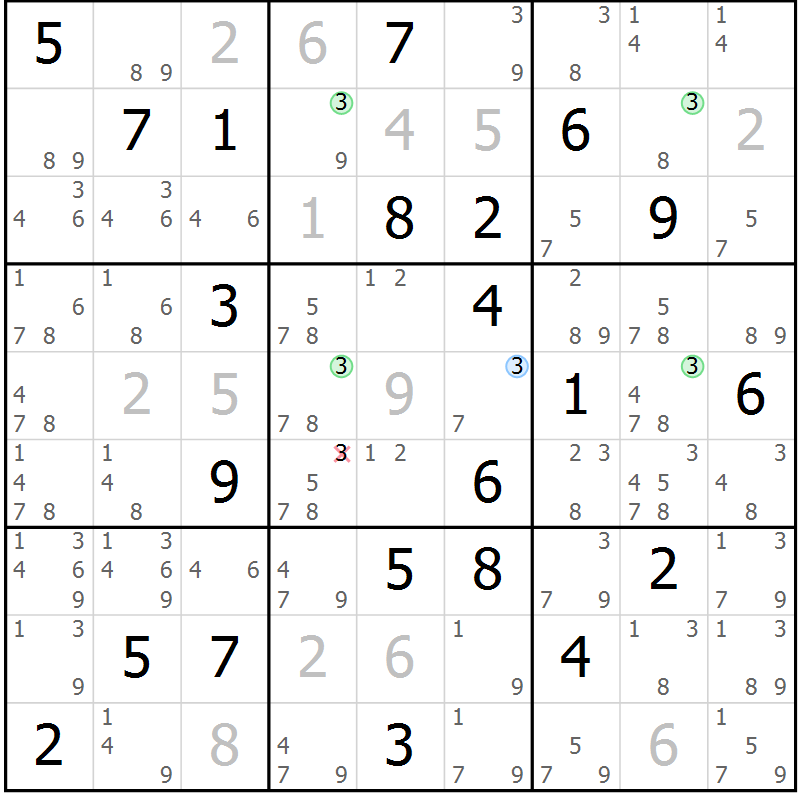 Position des candidats pour la solution de la Gr 17 page 20 du magazine de sudoku Suprême n° 034
