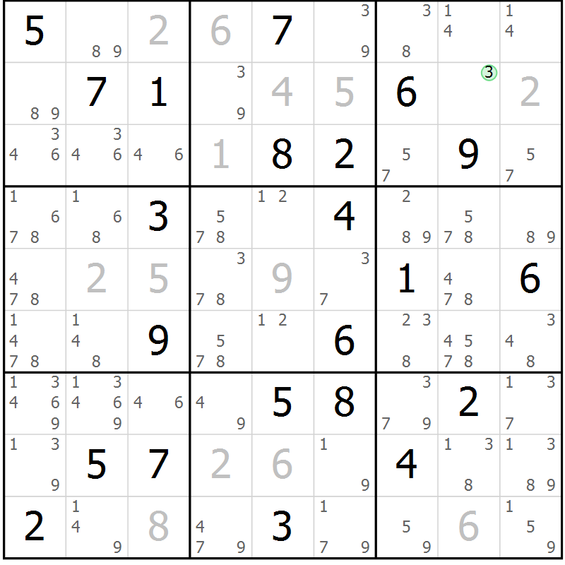 Position des candidats pour la solution de la Gr 17 page 20 du magazine de sudoku Suprême n° 034