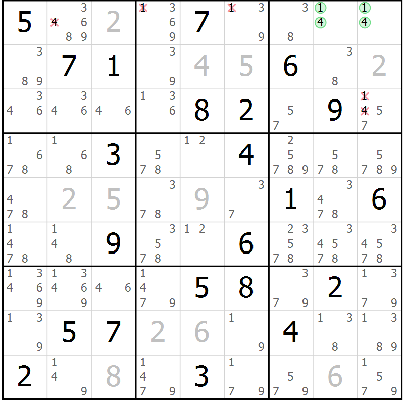 Position des candidats pour la solution de la Gr 17 page 20 du magazine de sudoku Suprême n° 034