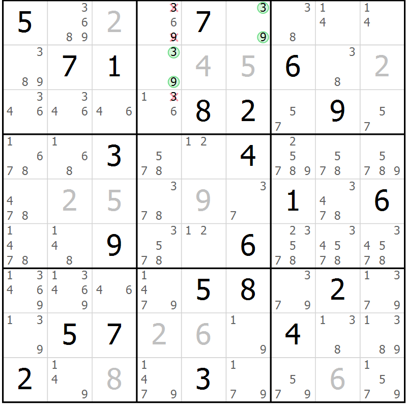 Position des candidats pour la solution de la Gr 17 page 20 du magazine de sudoku Suprême n° 034
