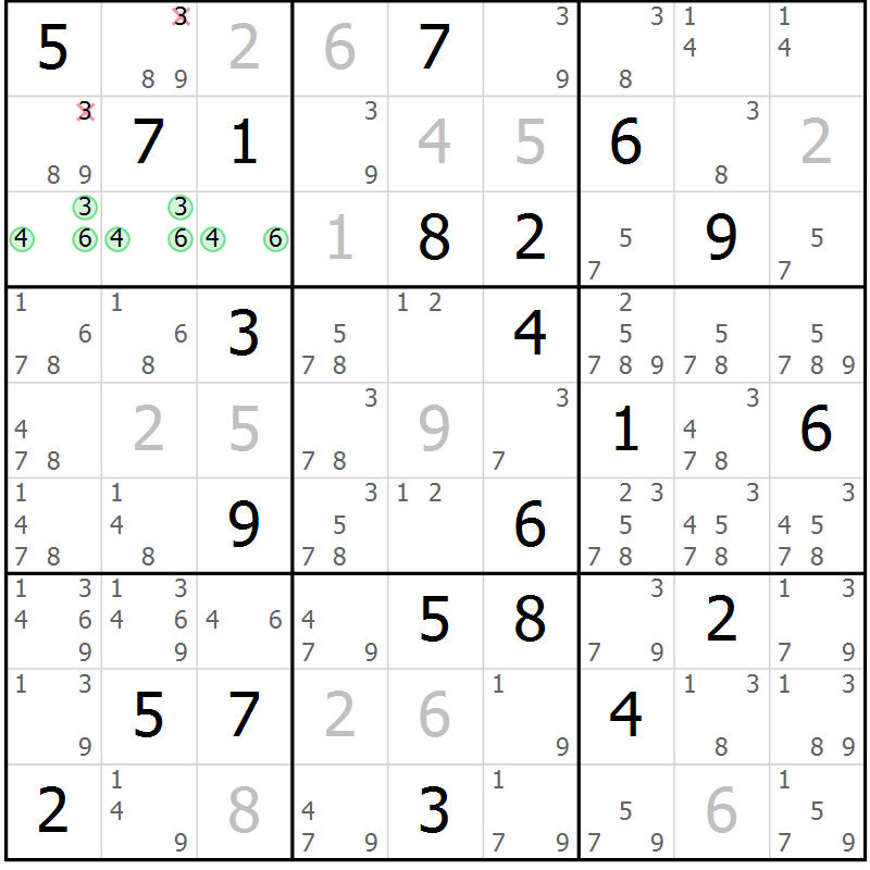 Position des candidats pour la solution de la Gr 17 page 20 du magazine de sudoku Suprême n° 034