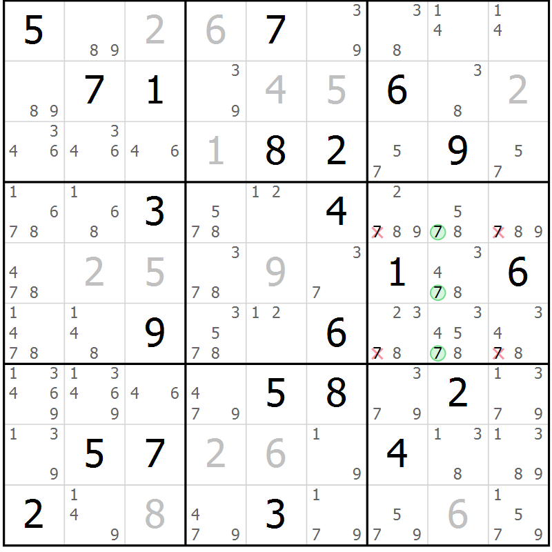 Position des candidats pour la solution de la Gr 17 page 20 du magazine de sudoku Suprême n° 034