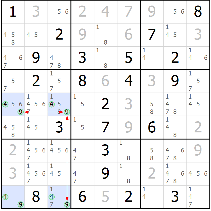 Position des candidats pour la solution de la Gr 18 page 21 du magazine de sudoku Suprême n° 034