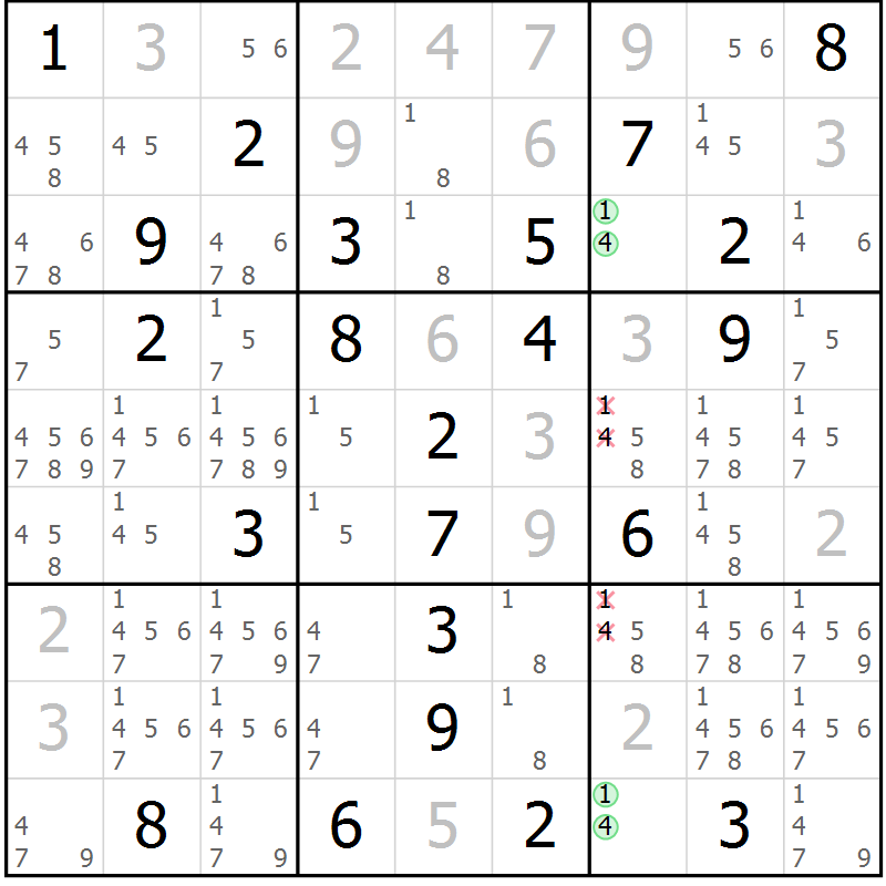 Position des candidats pour la solution de la Gr 18 page 21 du magazine de sudoku Suprême n° 034