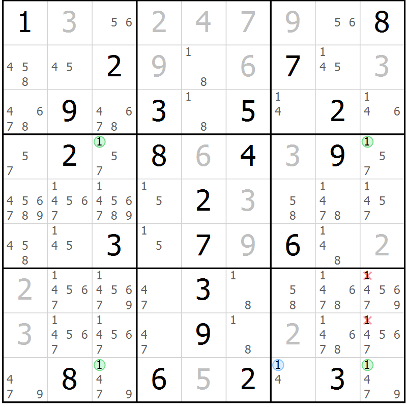 Position des candidats pour la solution de la Gr 18 page 21 du magazine de sudoku Suprême n° 034