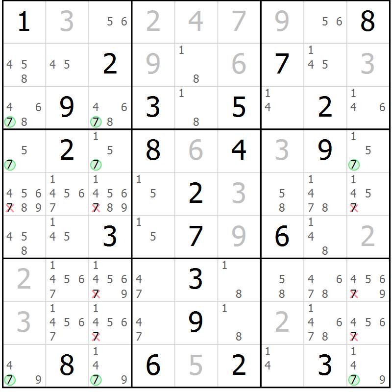Position des candidats pour la solution de la Gr 18 page 21 du magazine de sudoku Suprême n° 034