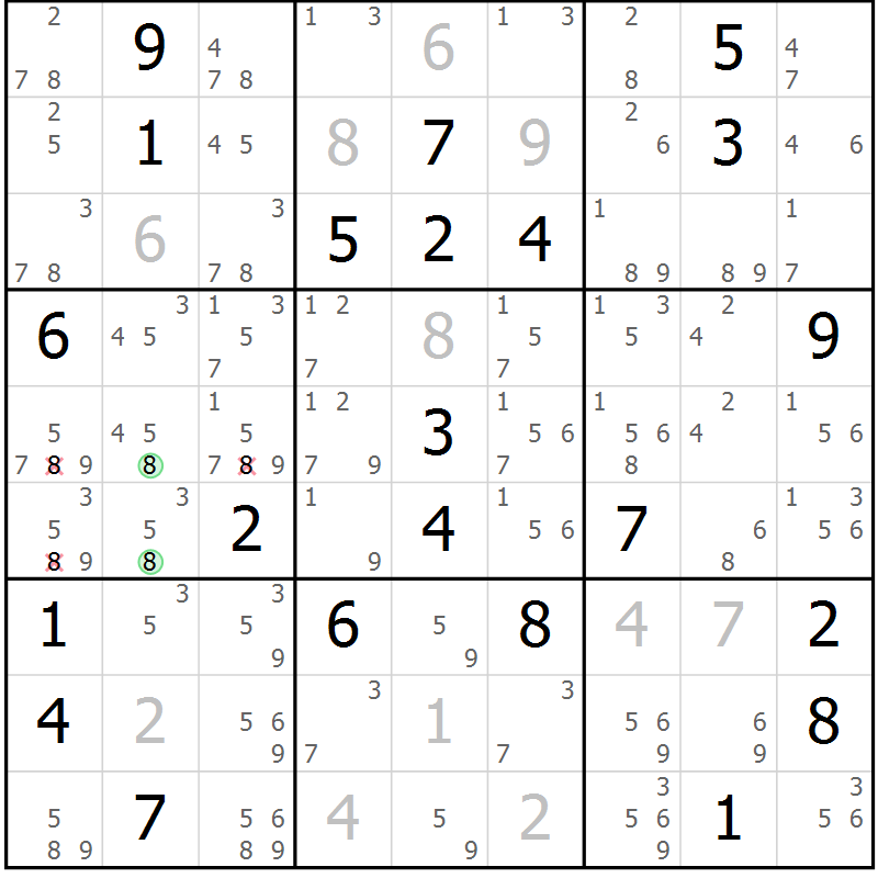 Position des candidats pour la solution de la Gr 19 page 22 du magazine de sudoku Suprême n° 034