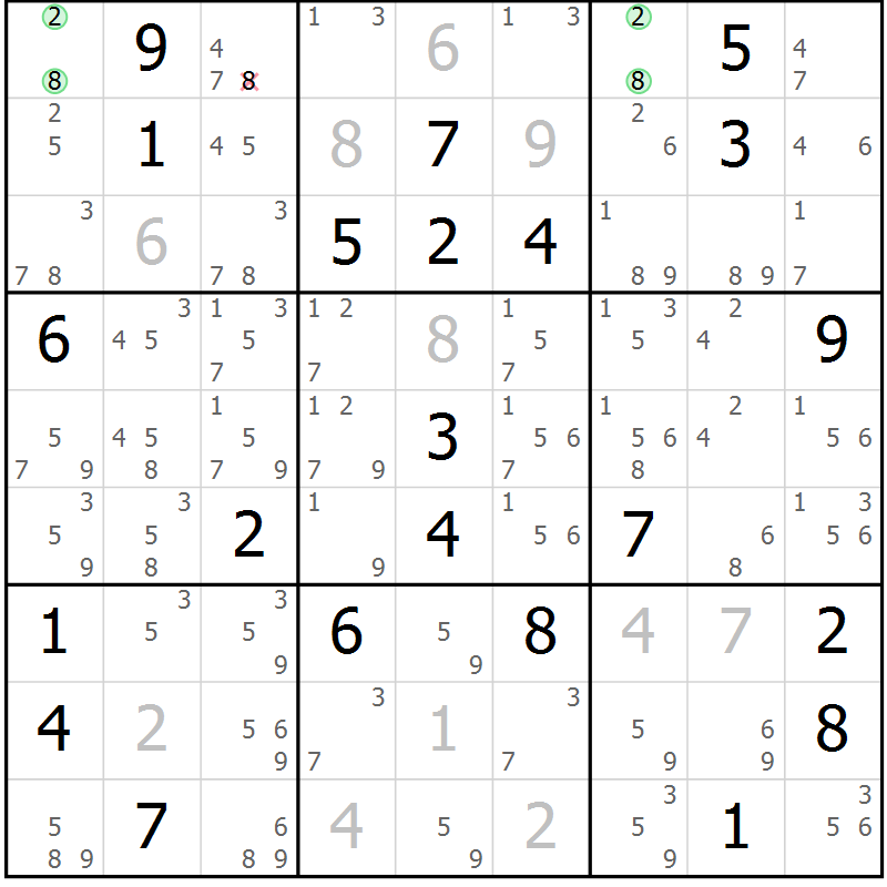 Position des candidats pour la solution de la Gr 19 page 22 du magazine de sudoku Suprême n° 034