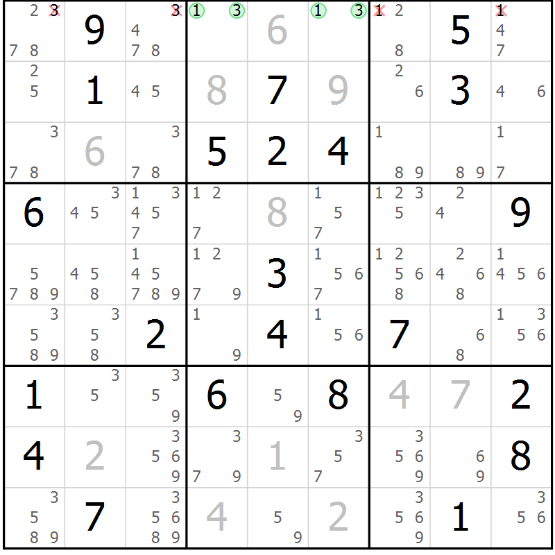 Position des candidats pour la solution de la Gr 19 page 22 du magazine de sudoku Suprême n° 034