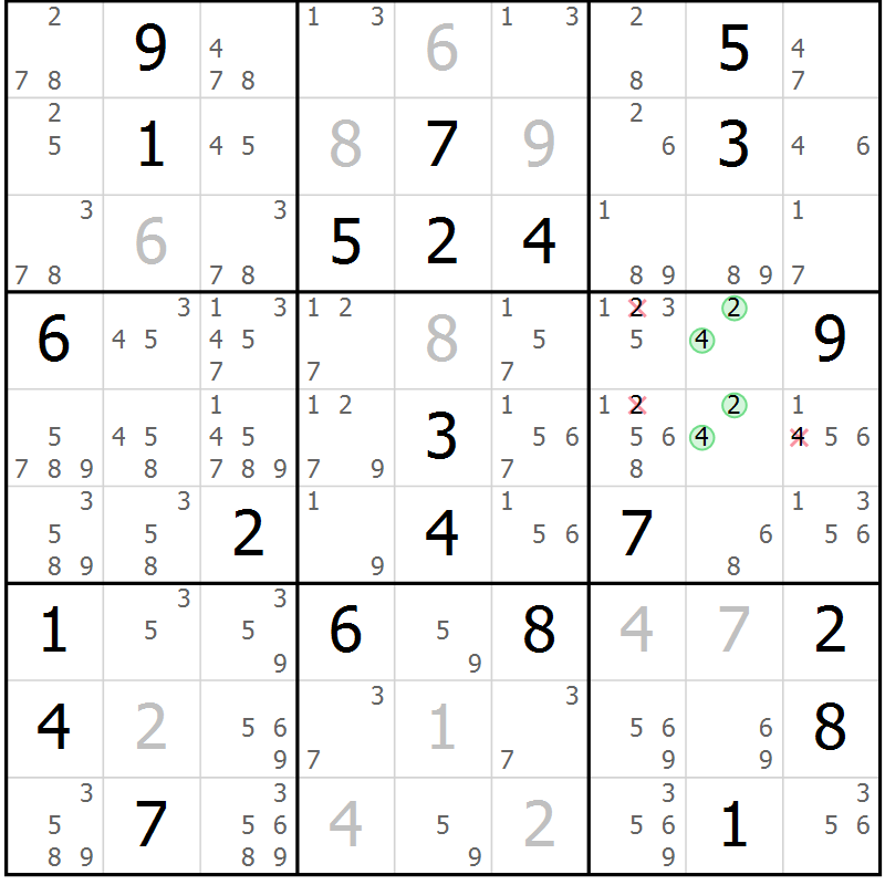 Position des candidats pour la solution de la Gr 19 page 22 du magazine de sudoku Suprême n° 034