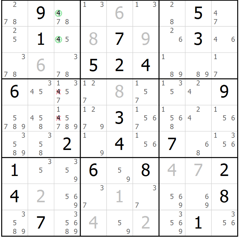 Position des candidats pour la solution de la Gr 19 page 22 du magazine de sudoku Suprême n° 034