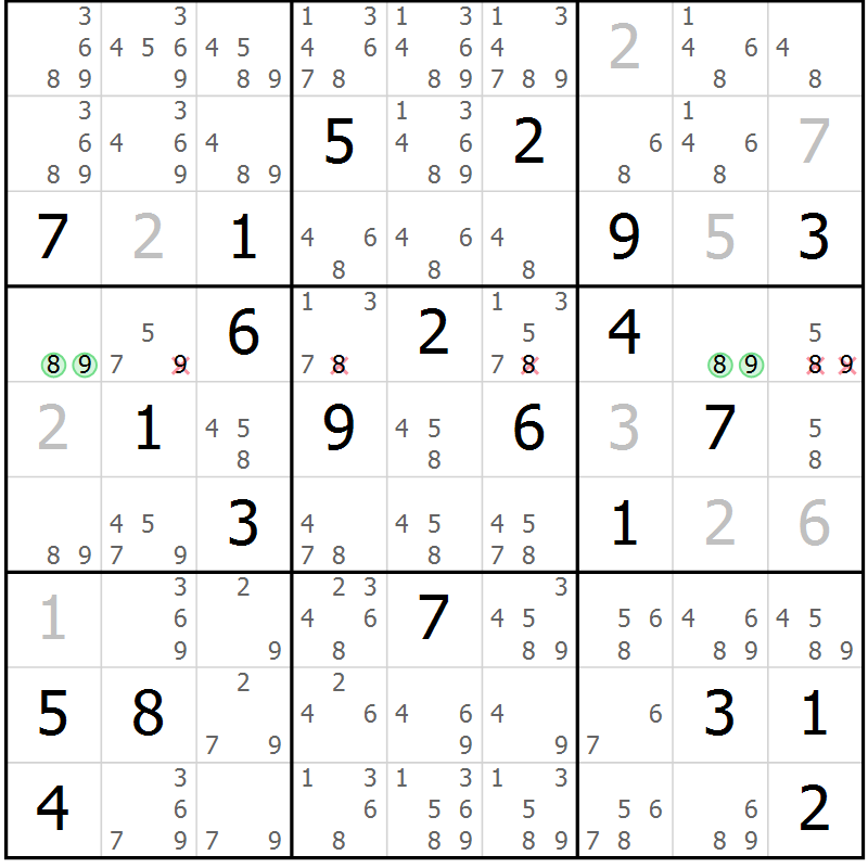 Position des candidats pour la solution de la Gr 2 page 5 du magazine de sudoku Suprême n° 034