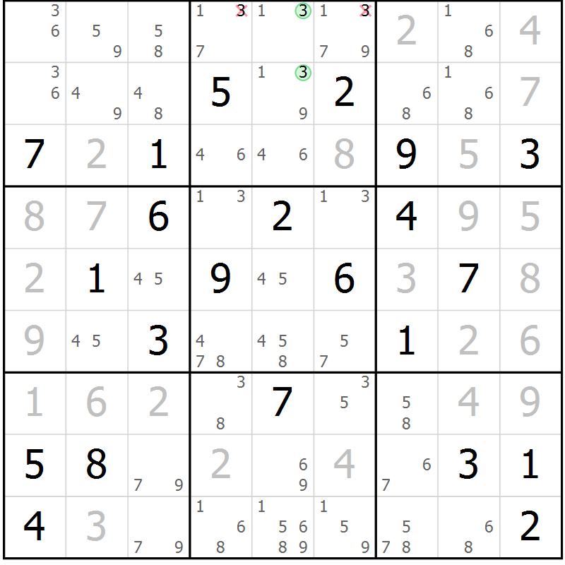 Position des candidats pour la solution de la Gr 2 page 5 du magazine de sudoku Suprême n° 034