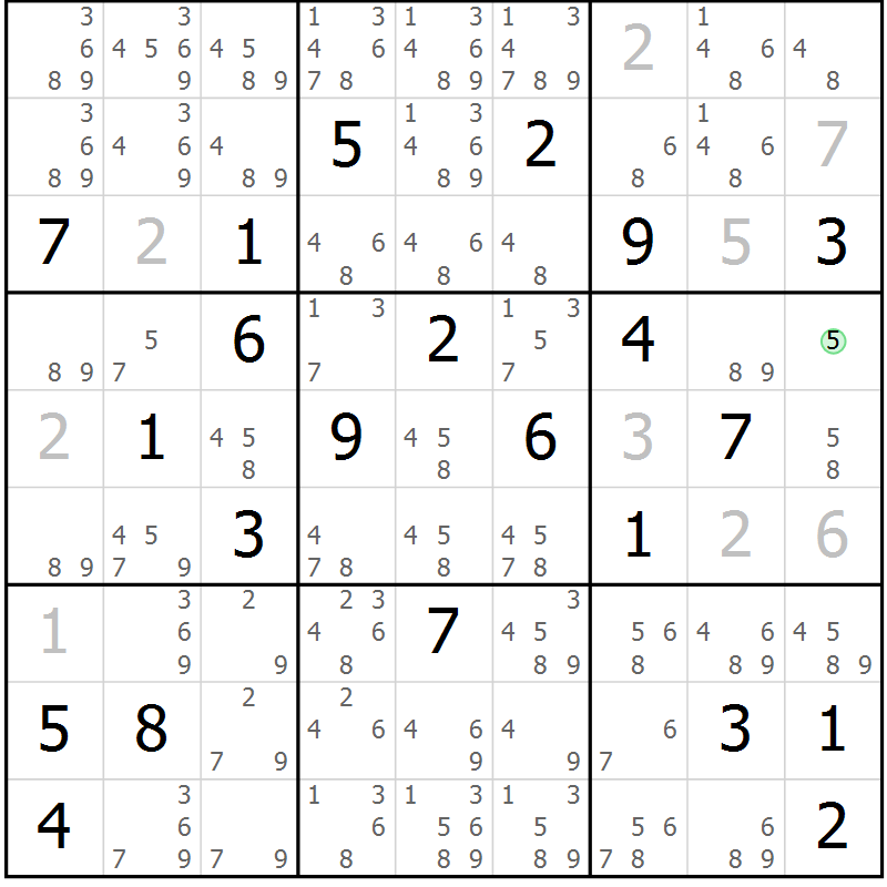 Position des candidats pour la solution de la Gr 2 page 5 du magazine de sudoku Suprême n° 034