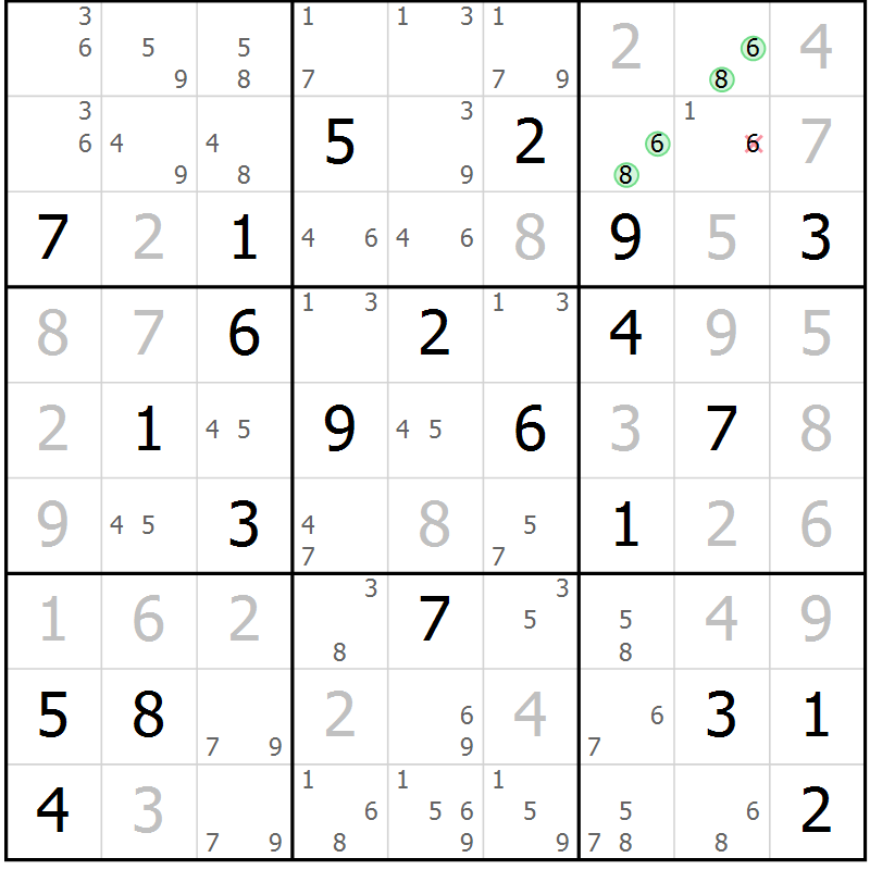 Position des candidats pour la solution de la Gr 2 page 5 du magazine de sudoku Suprême n° 034