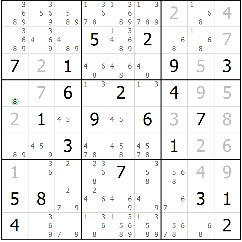 Position des candidats pour la solution de la Gr 2 page 5 du magazine de sudoku Suprême n° 034