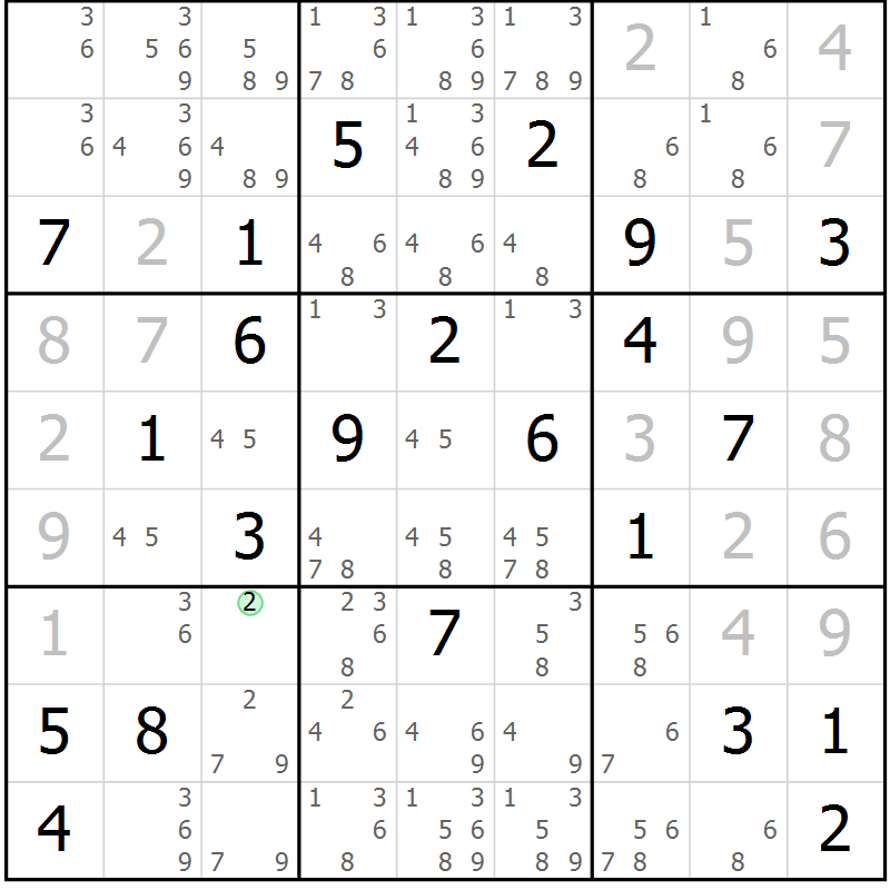 Position des candidats pour la solution de la Gr 2 page 5 du magazine de sudoku Suprême n° 034