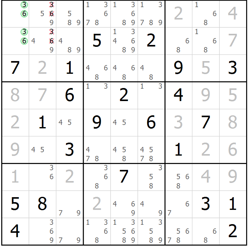 Position des candidats pour la solution de la Gr 2 page 5 du magazine de sudoku Suprême n° 034