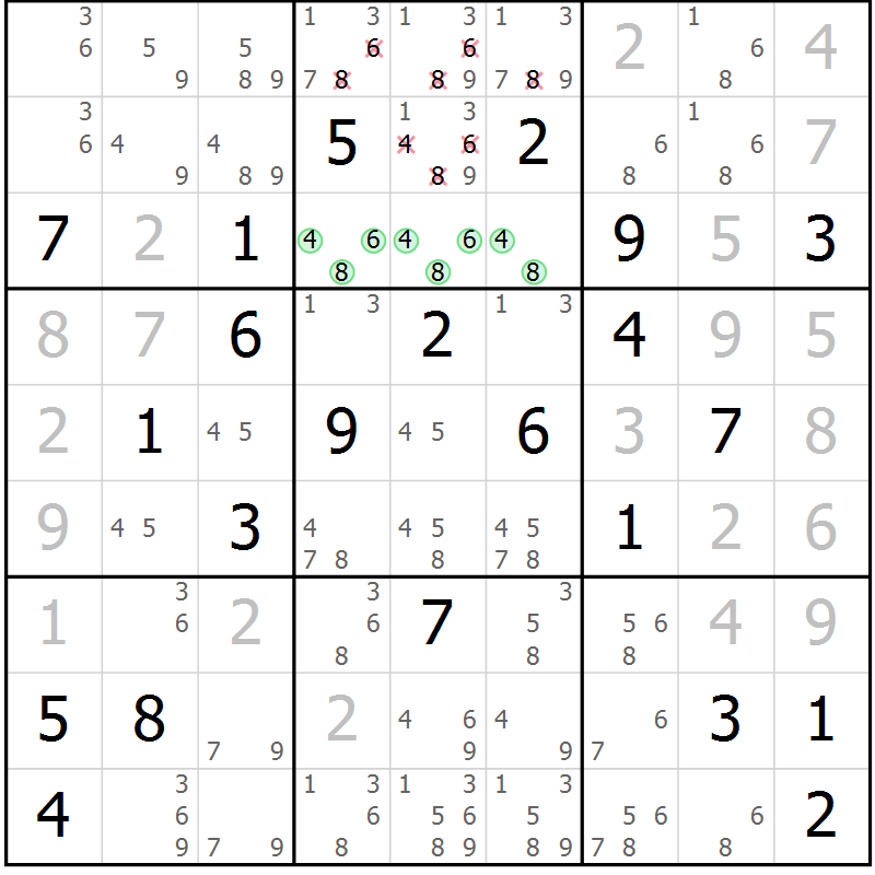 Position des candidats pour la solution de la Gr 2 page 5 du magazine de sudoku Suprême n° 034