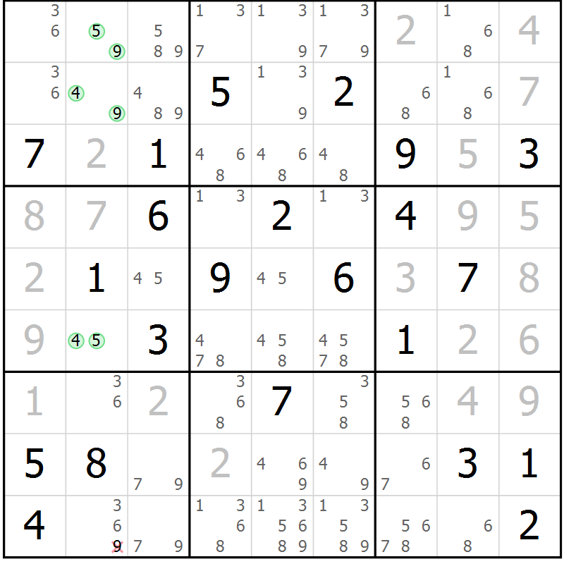 Position des candidats pour la solution de la Gr 2 page 5 du magazine de sudoku Suprême n° 034