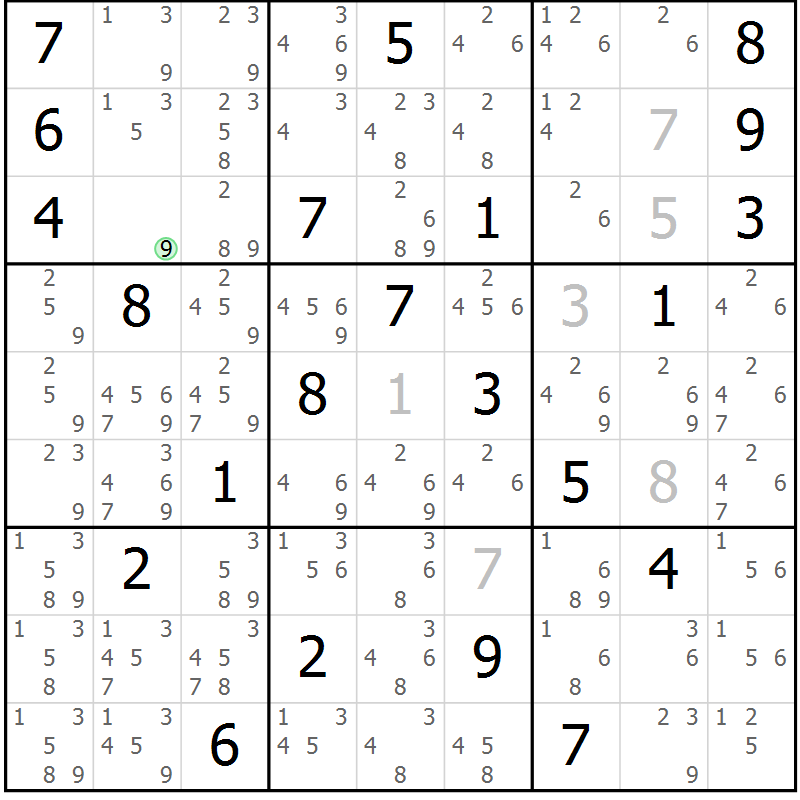 Position des candidats pour la solution de la Gr 21 page 24 du magazine de sudoku Suprême n° 034