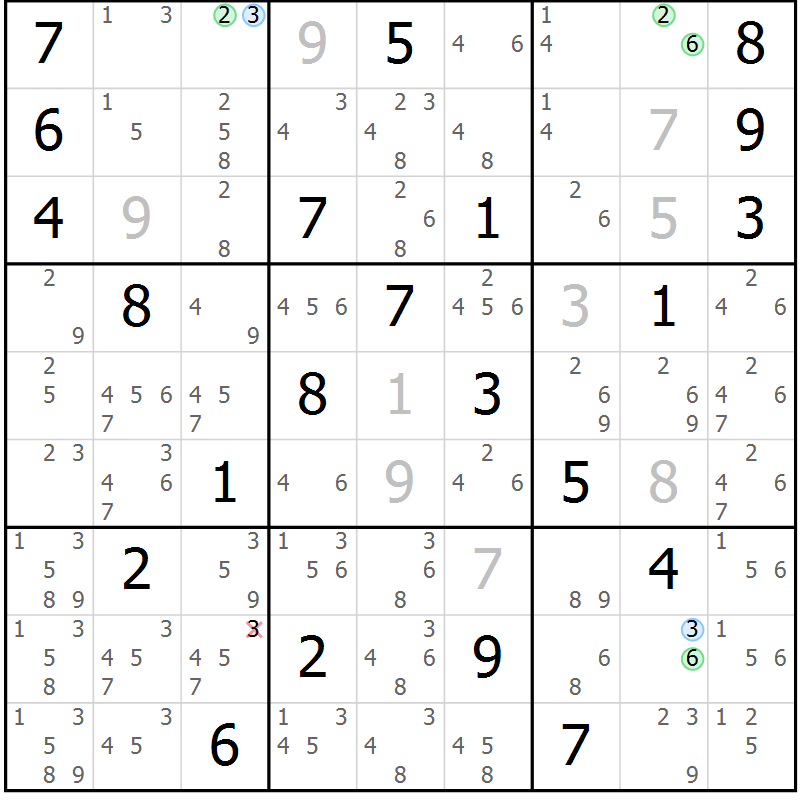 Position des candidats pour la solution de la Gr 21 page 24 du magazine de sudoku Suprême n° 034