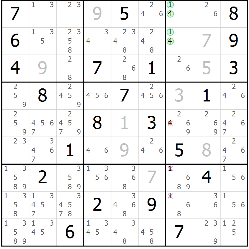 Position des candidats pour la solution de la Gr 21 page 24 du magazine de sudoku Suprême n° 034