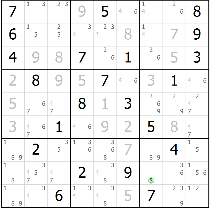 Position des candidats pour la solution de la Gr 21 page 24 du magazine de sudoku Suprême n° 034