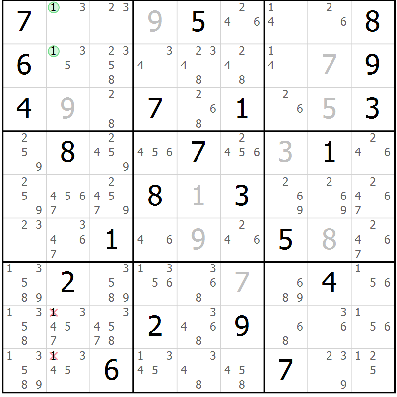 Position des candidats pour la solution de la Gr 21 page 24 du magazine de sudoku Suprême n° 034