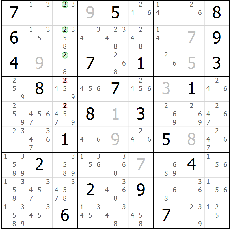Position des candidats pour la solution de la Gr 21 page 24 du magazine de sudoku Suprême n° 034