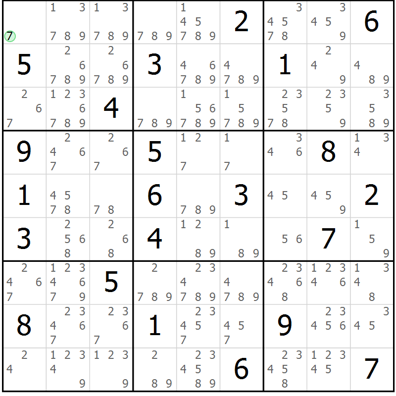 Position des candidats pour la solution de la Gr 22 page 25 du magazine de sudoku Suprême n° 034