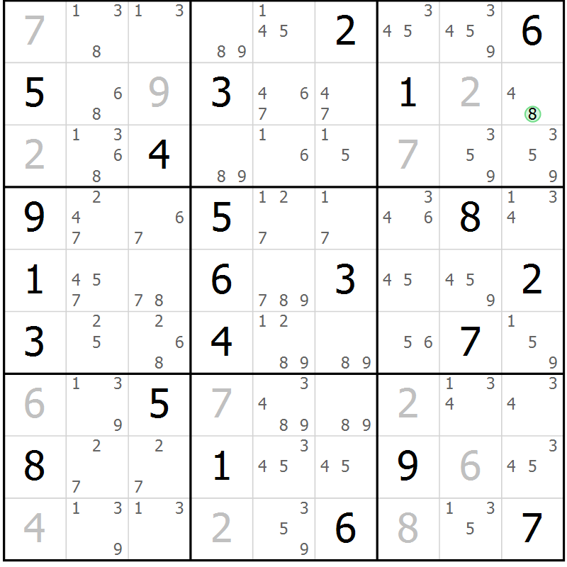 Position des candidats pour la solution de la Gr 22 page 25 du magazine de sudoku Suprême n° 034