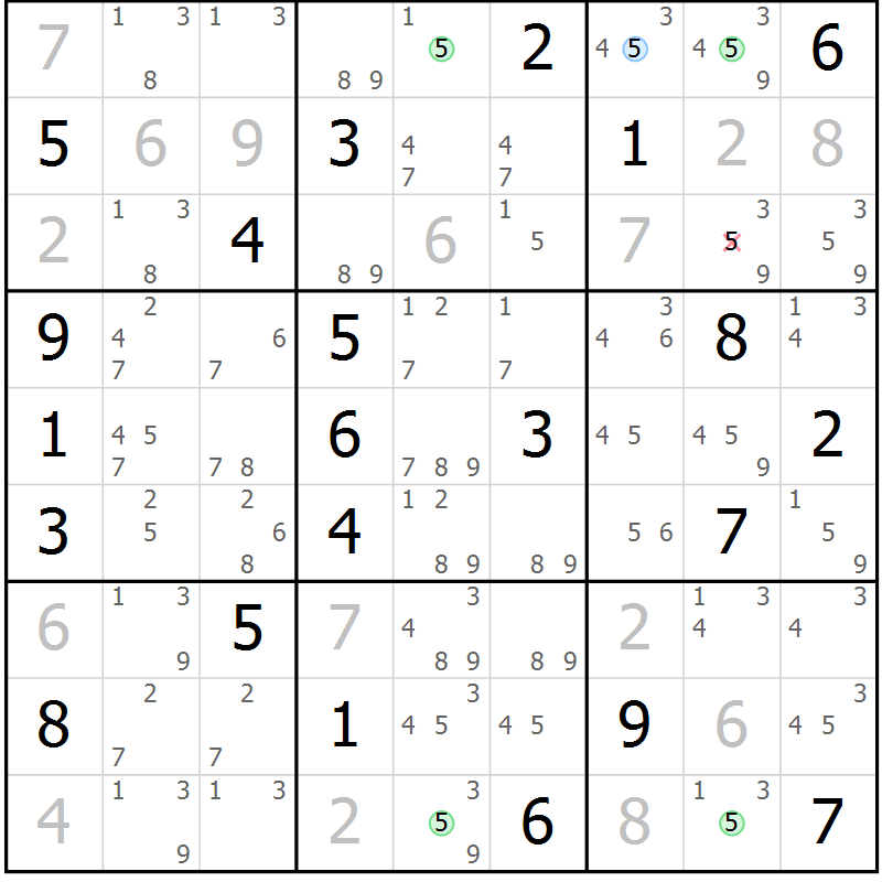 Position des candidats pour la solution de la Gr 22 page 25 du magazine de sudoku Suprême n° 034