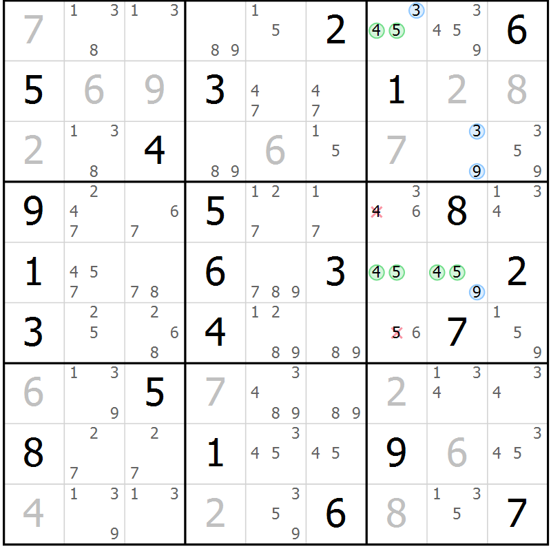 Position des candidats pour la solution de la Gr 22 page 25 du magazine de sudoku Suprême n° 034