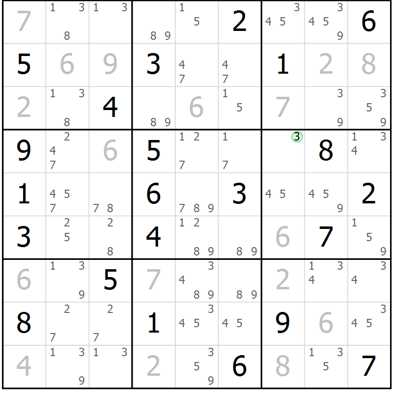 Position des candidats pour la solution de la Gr 22 page 25 du magazine de sudoku Suprême n° 034