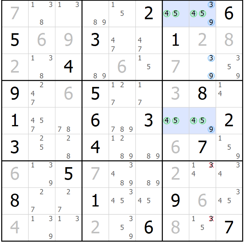 Position des candidats pour la solution de la Gr 22 page 25 du magazine de sudoku Suprême n° 034