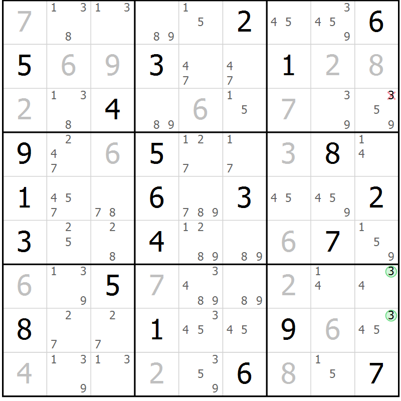 Position des candidats pour la solution de la Gr 22 page 25 du magazine de sudoku Suprême n° 034