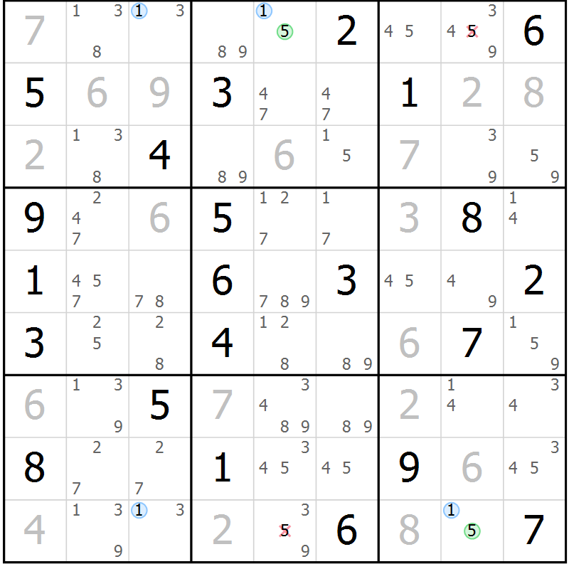 Position des candidats pour la solution de la Gr 22 page 25 du magazine de sudoku Suprême n° 034