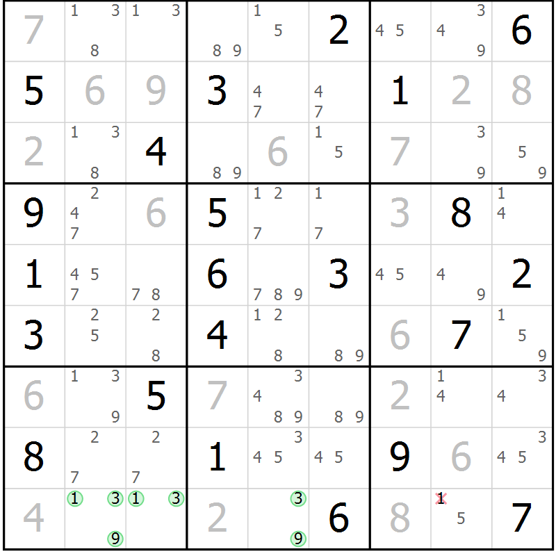 Position des candidats pour la solution de la Gr 22 page 25 du magazine de sudoku Suprême n° 034