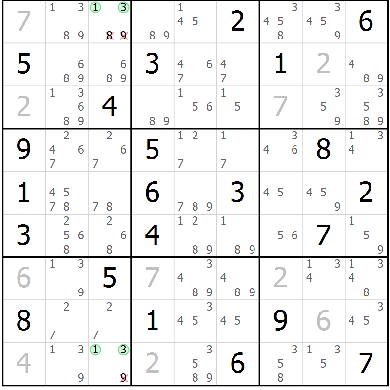Position des candidats pour la solution de la Gr 22 page 25 du magazine de sudoku Suprême n° 034