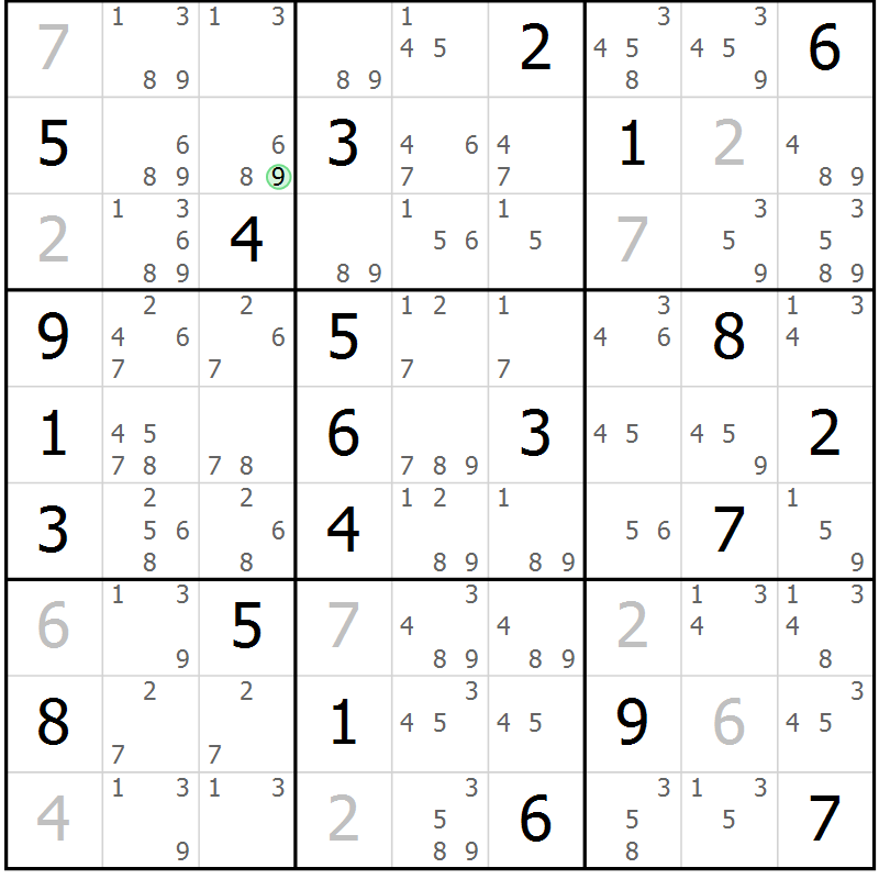 Position des candidats pour la solution de la Gr 22 page 25 du magazine de sudoku Suprême n° 034